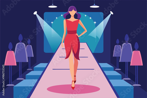 A fashionable model confidently walks down a bright catwalk with spotlighted attention at an evening event, Customizable flat illustration of a catwalk.