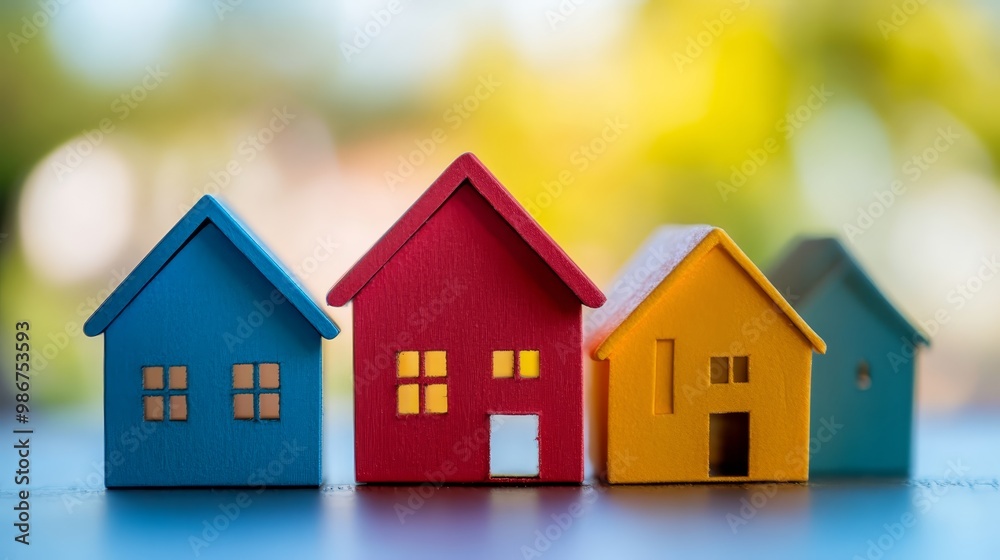 Colorful Wooden Miniature Houses on Blue Surface Colorful Wooden Miniature Houses on Blue Surface