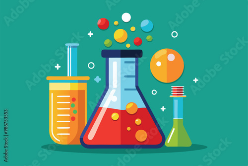 A vibrant chemistry beaker displays colorful liquids and bubbles floating above, showcasing a creative science theme, Customizable flat illustration of a chemistry beaker