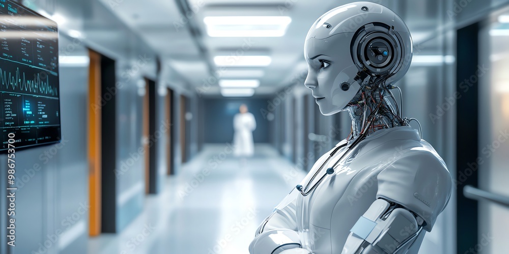 A female medical robot stands in a hospital hallway with a stethoscope and a monitor displaying medical data in the background. A female medical robot stands in a hospital hallway with a stethoscope and a monitor displaying medical data in the background.
