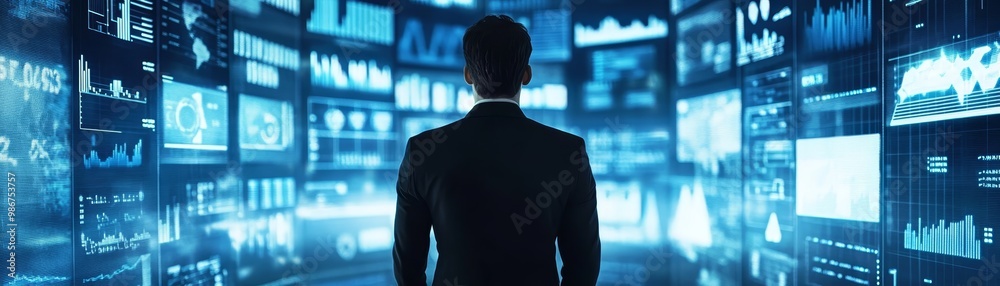 Businessman Looking at Data and Charts on Wall of Screens Businessman Looking at Data and Charts on Wall of Screens