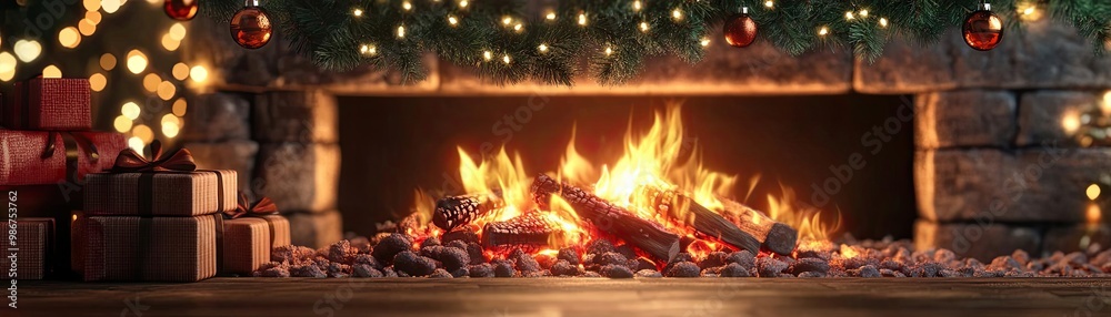 Cozy fireplace glowing with warm flames, surrounded by festive decorations and wrapped gifts for a joyful holiday atmosphere. Cozy fireplace glowing with warm flames, surrounded by festive decorations and wrapped gifts for a joyful holiday atmosphere.