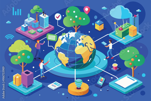 A vibrant connected world featuring technology, nature, and diverse activities by people, Customizable flat illustration of a connected world.