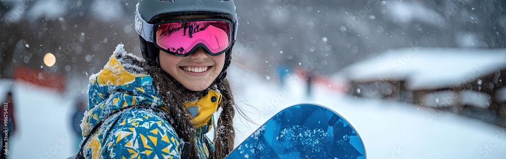 Cheerful Snowboarder Holding Snowboard in Front of Snow-Covered Mountain Resort Cheerful Snowboarder Holding Snowboard in Front of Snow-Covered Mountain Resort
