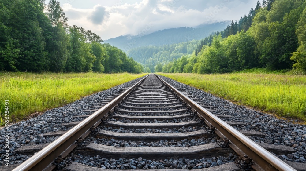 Fototapeta premium Peaceful Railway Tracks Through Lush Green Landscape