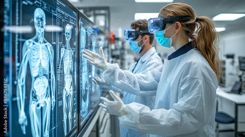 Scientists in Lab Coats Analyze X-Ray Images of a Skeleton on a Monitor