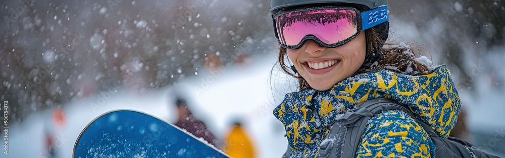Cheerful Snowboarder Holding Snowboard in Front of Snow-Covered Mountain Resort Cheerful Snowboarder Holding Snowboard in Front of Snow-Covered Mountain Resort