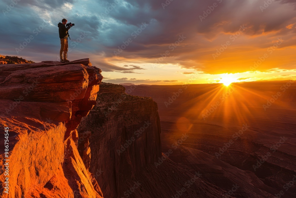 Naklejka premium Photographer Capturing Sunset on Canyon Edge