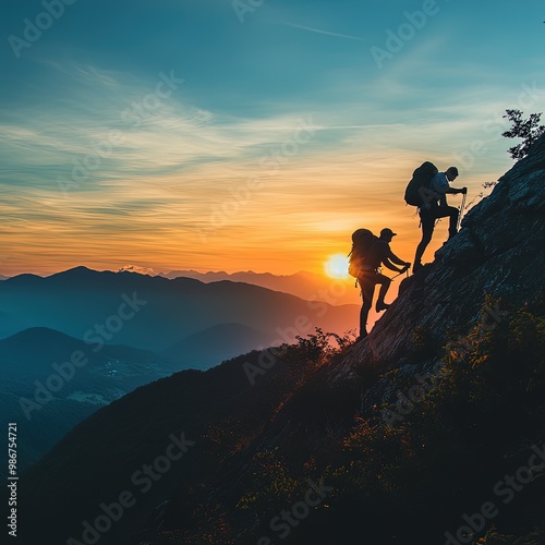 Climbers helping each other on a rocky cliff at sunset, teamwork and determination