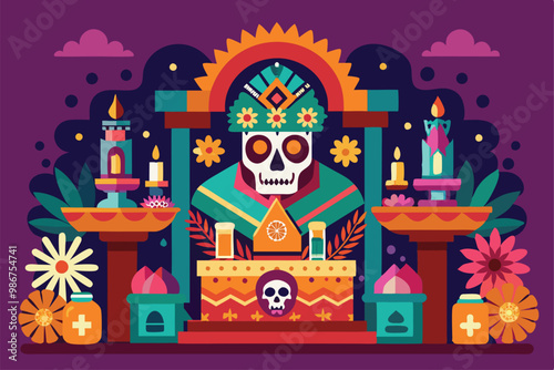 A vibrant D����a de Muertos altar displays candles, flowers, and offerings celebrating the deceased, Customizable flat illustration of a Dia de Muertos altar.