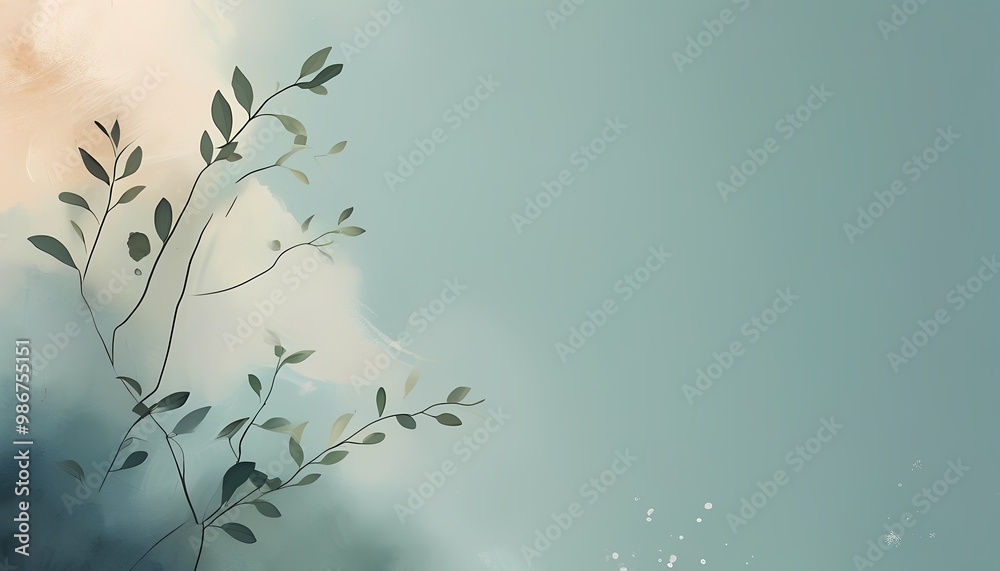 A serene watercolor painting featuring delicate branches with green leaves against a soft blue background. The image evokes a sense of tranquility and nature, with the leaves A serene watercolor painting featuring delicate branches with green leaves against a soft blue background. The image evokes a sense of tranquility and nature, with the leaves
