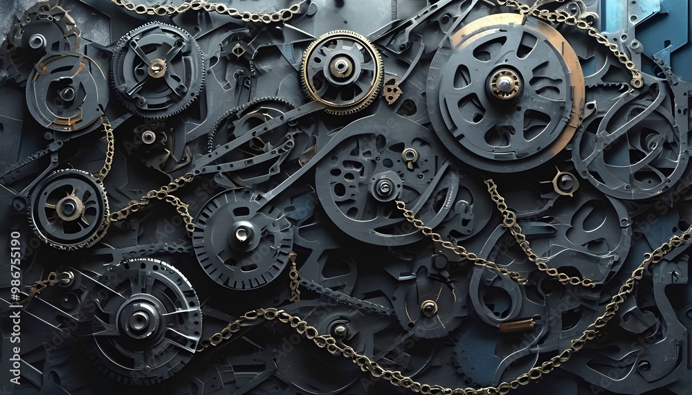 A complex and intricate mechanical system composed of numerous gears, chains, and cogs. The intricate design suggests a well-oiled machine, with each component working in harmony. The dark metal tones A complex and intricate mechanical system composed of numerous gears, chains, and cogs. The intricate design suggests a well-oiled machine, with each component working in harmony. The dark metal tones