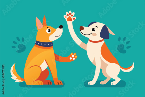 Two cheerful dogs are playfully greeting each other with their paws raised, showcasing friendship, Customizable flat illustration of a dog giving a high five.