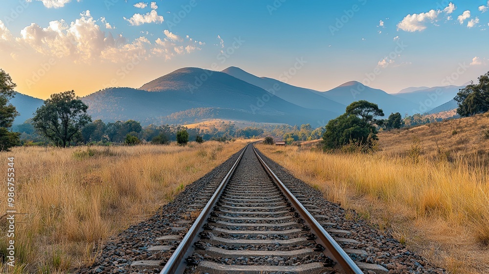 Fototapeta premium Railroad Tracks Leading Through Mountain Valley at Sunset