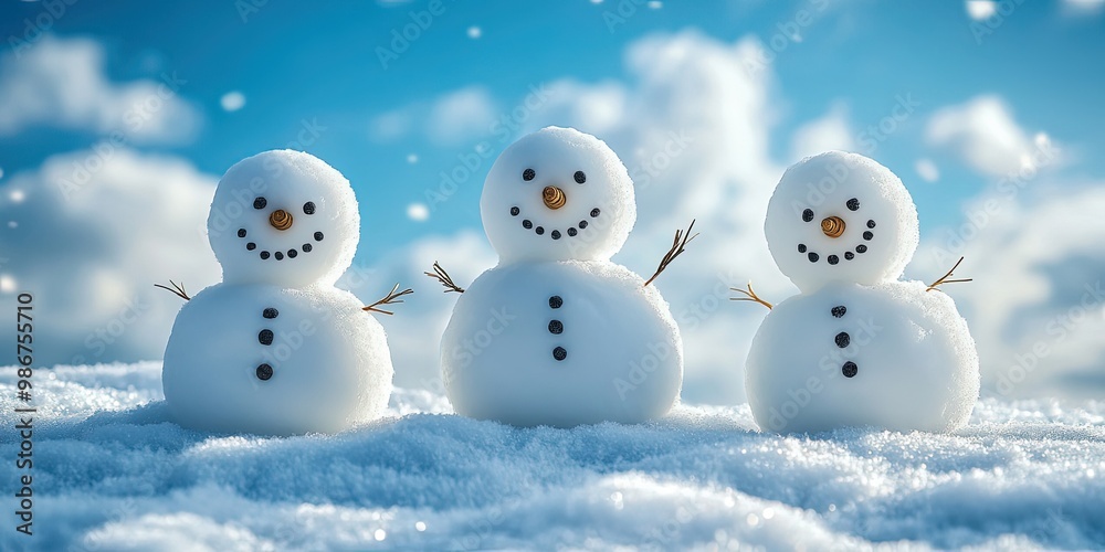 Happy snowman family with a bright blue winter sky Happy snowman family with a bright blue winter sky