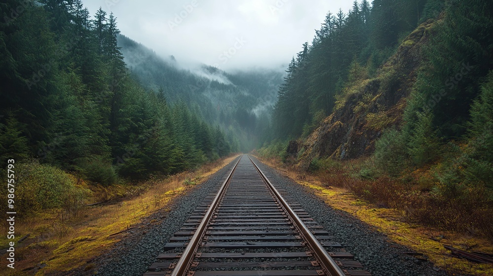 Fototapeta premium Train Tracks Through a Foggy Forest
