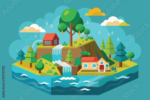 A flat illustration showcases a flood affecting a colorful landscape with houses, trees, and waterfalls, Customizable flat illustration of a flood.