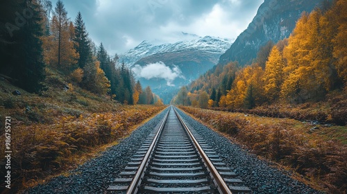 Railroad Tracks Through Autumnal Forest Leading to Snow-Capped Mountains