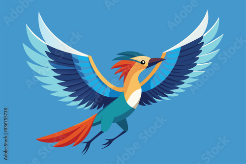 A colorful bird soars through the sky with spread wings, showcasing vibrant feathers and dynamic movement, Customizable flat illustration of a flying bird.