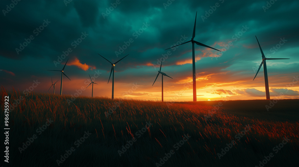 wind turbines at sunset, cinematic landscape wind turbines at sunset, cinematic landscape