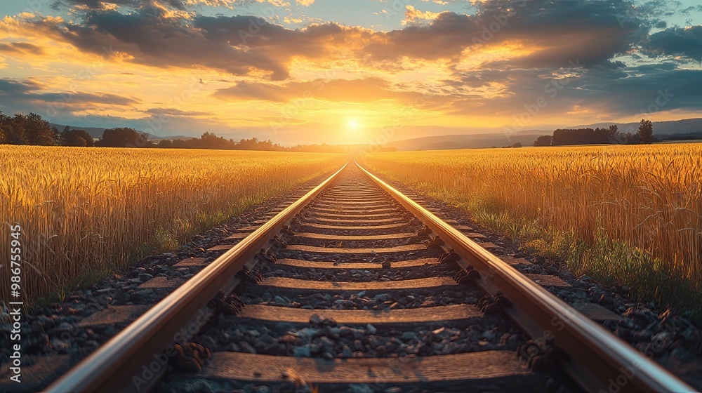 Train Tracks Leading Towards A Setting Sun Over A Field Of Wheat Train Tracks Leading Towards A Setting Sun Over A Field Of Wheat