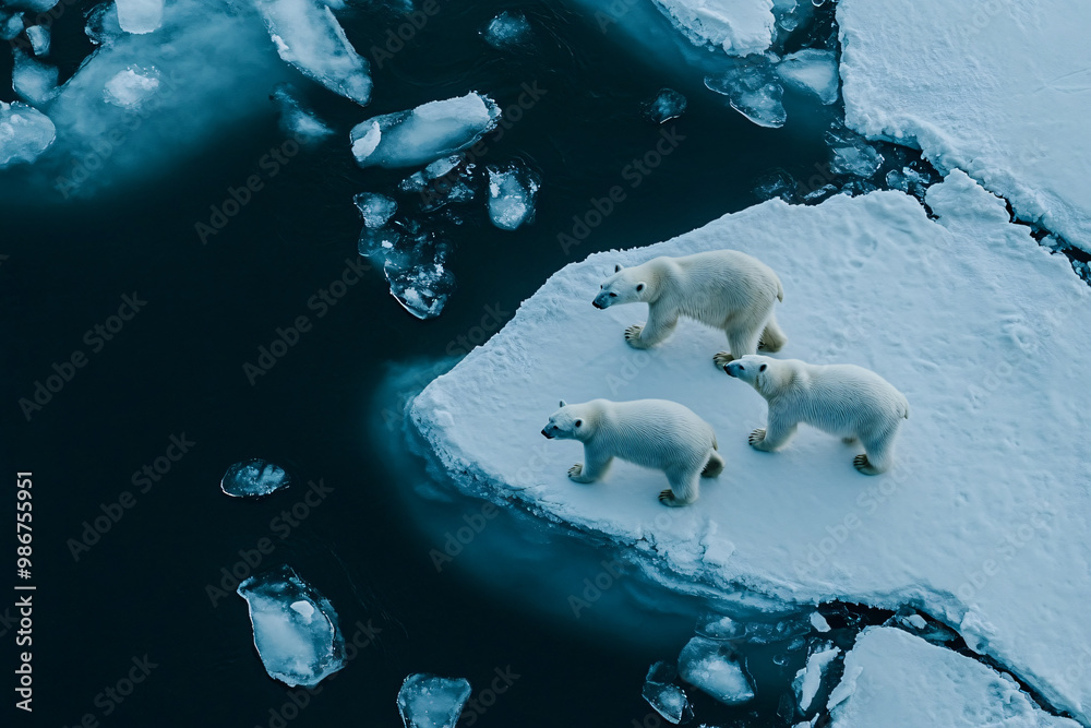 Naklejka premium polar bears on ice floe in arctic waters - aerial view