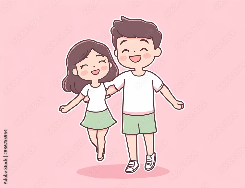 cute cartoon illustration of an Asian man carrying his girlfriend on one arm, against a pink background, with simple lines in a vector style. cute cartoon illustration of an Asian man carrying his girlfriend on one arm, against a pink background, with simple lines in a vector style.