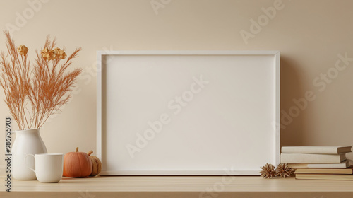 Empty horizontal frame with white artwork on a desk. There is a coffee cup, a stack of books and decorations nearby.