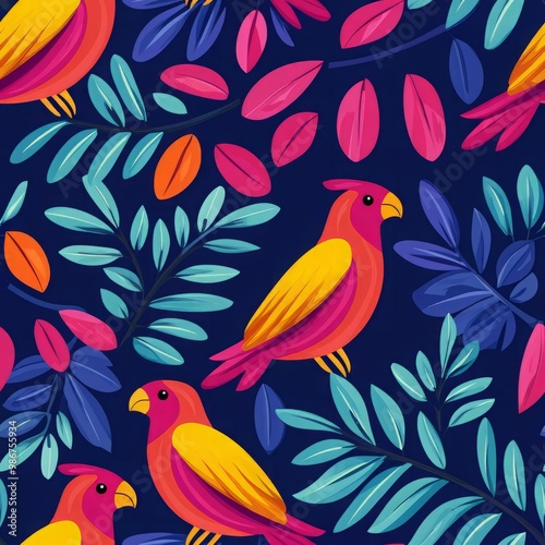 Vibrant Seamless, pattern featuring colorful birds amid lush foliage, perfect for textile, wallpaper, or graphic design applications.