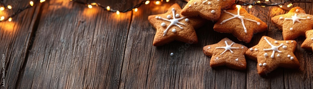 Delicious star-shaped gingerbread cookies decorated with icing on a rustic wooden table adorned with warm holiday lights. Delicious star-shaped gingerbread cookies decorated with icing on a rustic wooden table adorned with warm holiday lights.