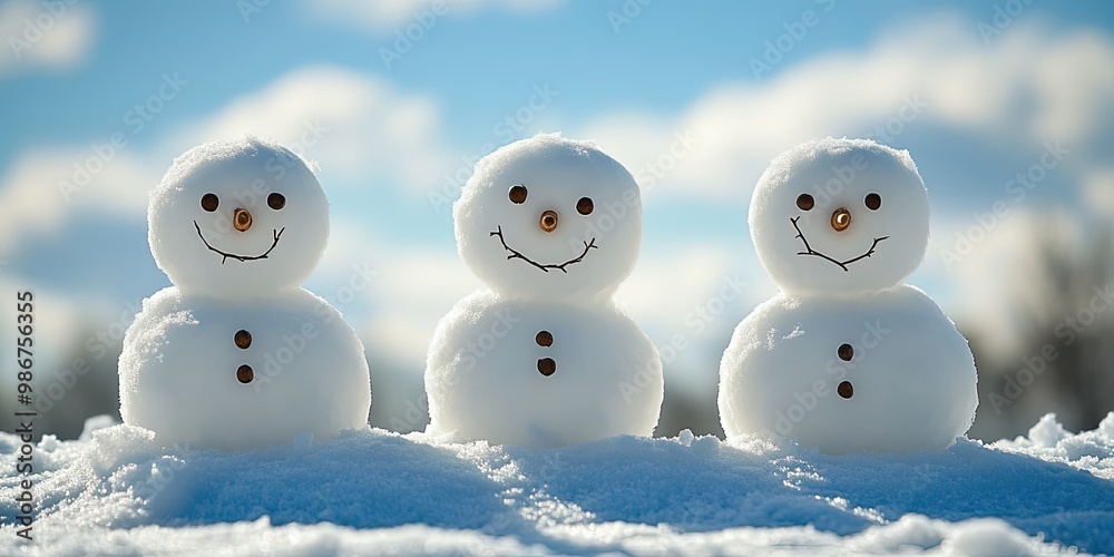 Happy snowman family with a bright blue winter sky Happy snowman family with a bright blue winter sky