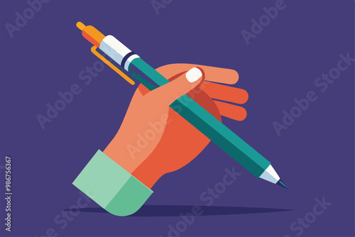 A hand grips a green pen, poised for writing against a flat purple backdrop, emphasizing creativity, Customizable flat illustration of a hand holding a pen.