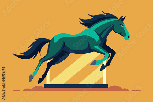 A horse leaps gracefully over a hurdle with style and energy in a colorful, flat design, Customizable flat illustration of a horse jumping.