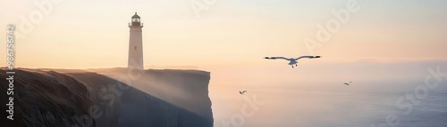 Lighthouse standing tall on a cliff during a serene morning, seagulls gliding in the soft light as a lone wanderer approaches, morning discovery, coastal serenity