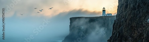 Morning mist enveloping a cliffside lighthouse, seagulls emerging from the fog, mystical coastline, exploration at dawn