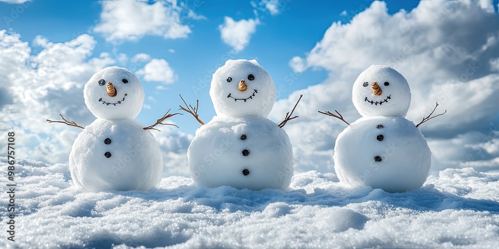 Happy snowman family with a bright blue winter sky Happy snowman family with a bright blue winter sky