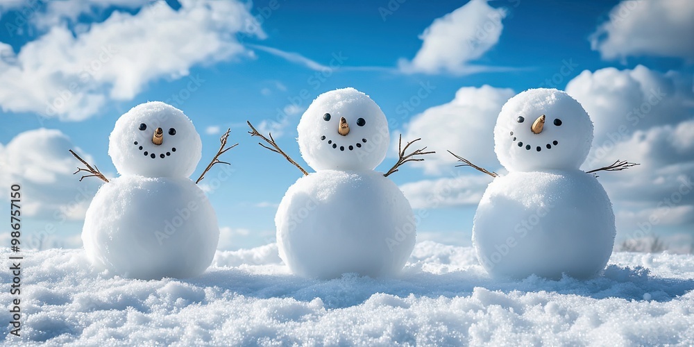 Happy snowman family with a bright blue winter sky Happy snowman family with a bright blue winter sky