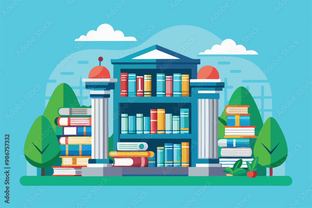 A lively library filled with colorful books stands amidst lush trees and blue skies, inviting exploration, Customizable flat illustration of a library. A lively library filled with colorful books stands amidst lush trees and blue skies, inviting exploration, Customizable flat illustration of a library.