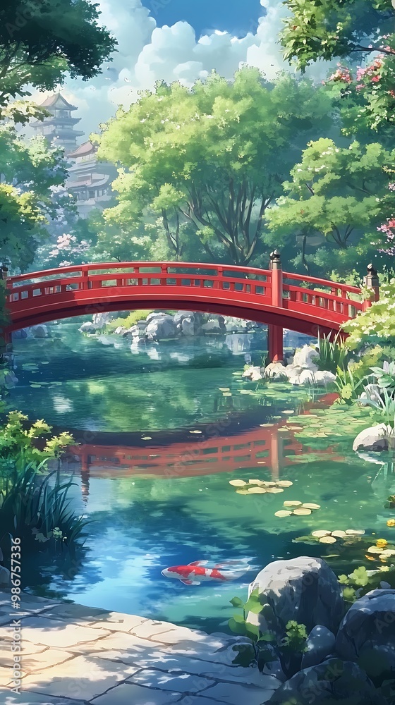 Serene Japanese Garden with Red Bridge and Koi Fish. Serene Japanese Garden with Red Bridge and Koi Fish.