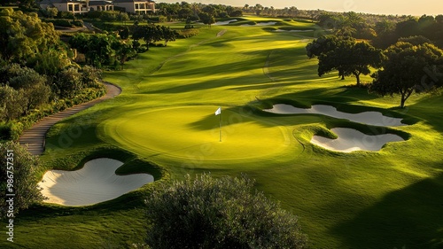 A stunning golf course landscape at sunset, showcasing lush greens, sand traps, and serene surroundings for golf enthusiasts.