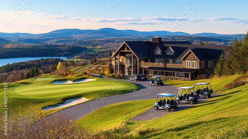 A stunning golf course with lush greens, a beautiful clubhouse, and picturesque mountains in the background.