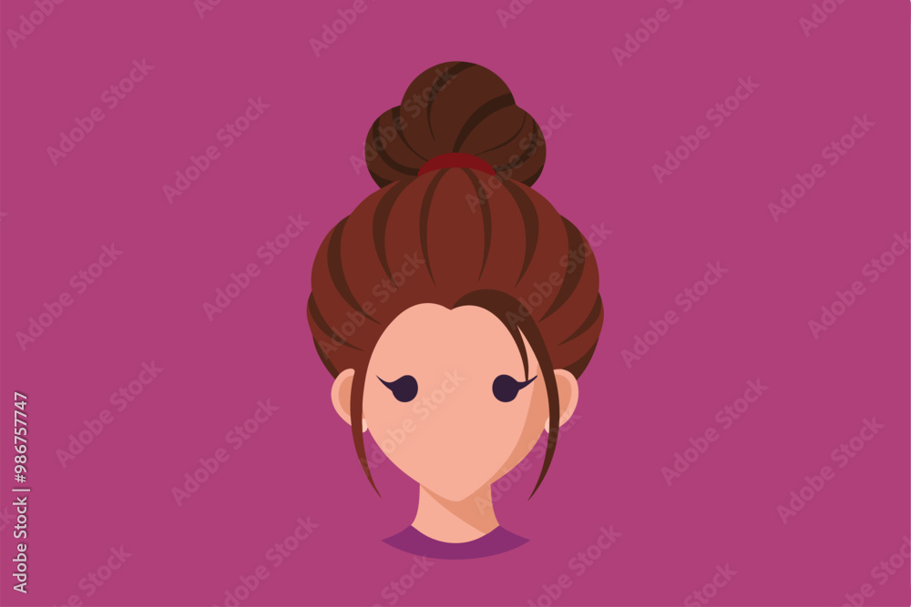 A flat illustration showcases a woman with a stylish messy bun hairstyle against a vibrant purple backdrop, Customizable flat illustration of a messy bun. A flat illustration showcases a woman with a stylish messy bun hairstyle against a vibrant purple backdrop, Customizable flat illustration of a messy bun.