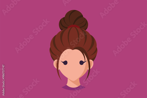 A flat illustration showcases a woman with a stylish messy bun hairstyle against a vibrant purple backdrop, Customizable flat illustration of a messy bun.