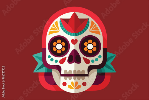 This colorful illustration features a decorated Mexican skull adorned with floral designs and patterns, Customizable flat illustration of a Mexican skull.