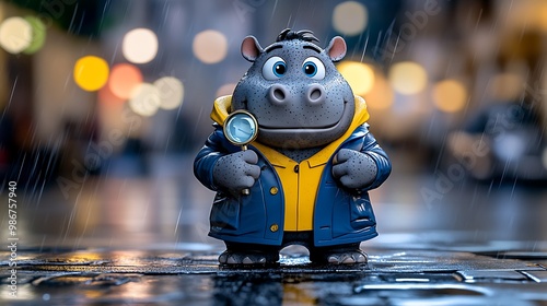 Cute Hippo Character in Rainy Background with Magnifying Glass