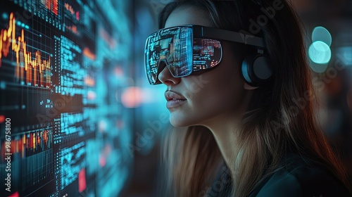 Woman Wearing Futuristic Glasses Looking at Digital Data Display photo