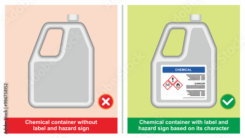 Workplace do and do not of  chemical container vector illustration. Attach label and pictogram for hazardous material.