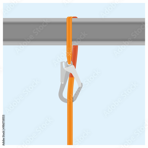 Mistakes in attaching the body harness hook as personal protective equipment when working at heights in industry and construction. Anchorage point of safety gear isolated vector illustration.