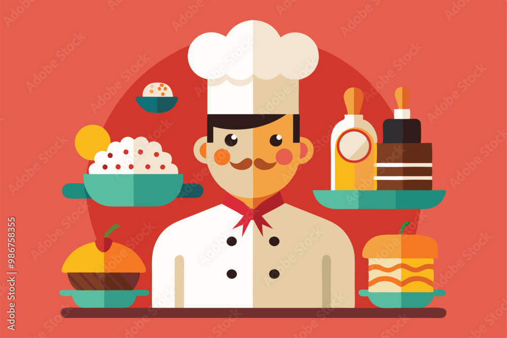 A pastry chef focuses on creating delicious desserts, surrounded by various treats and kitchen supplies, Customizable flat illustration of a pastry chef A pastry chef focuses on creating delicious desserts, surrounded by various treats and kitchen supplies, Customizable flat illustration of a pastry chef