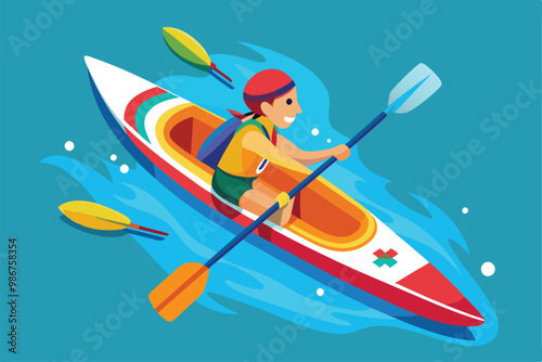 A person paddles energetically in a kayak, surrounded by splashes of water, enjoying an outdoor sporting activity, Customizable flat illustration of a Paralympic canoe.